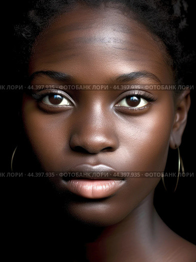 Juneteenth, a day for freedom - Portrait of a beautiful African girl with dark skin tone. Стоковое AI-изображение, AI-художник Veniamin Kraskov / Фотобанк Лори
