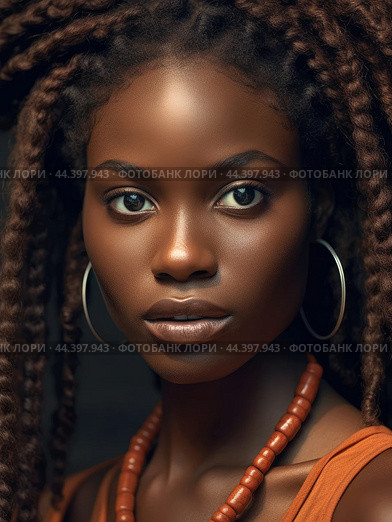 Juneteenth, a day for freedom - Portrait of a beautiful African girl with dark skin tone. Стоковое AI-изображение, AI-художник Veniamin Kraskov / Фотобанк Лори
