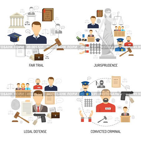 Justice 4 flat icons square banner . Jurisprudence fair trial process with legal defense and convict 4 flat icons composition abstract isolated vector illustration. Стоковая иллюстрация, агентство Ingram Publishing / Фотобанк Лори