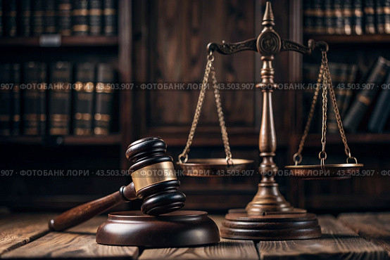 Justice and the law. A wooden hammer, books and scales on the table. The court session. Стоковое AI-изображение, AI-художник Photojuli / Фотобанк Лори