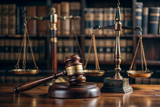 Justice and the law. A wooden hammer, books and scales on the table. The court session. Стоковое AI-изображение, AI-художник Photojuli / Фотобанк Лори