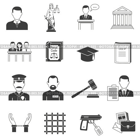 Justice black icons set . Legal justice verbal process black icons set with jury penal and handcuffed convict abstract isolated vector illustration. Стоковая иллюстрация, агентство Ingram Publishing / Фотобанк Лори