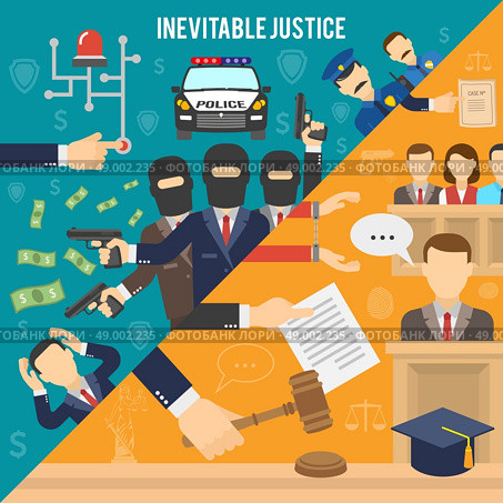Justice Flat Color Concept . Heist with robbers and police than court and inevitability of justice flat color seamless concept vector illustration  . Стоковая иллюстрация, агентство Ingram Publishing / Фотобанк Лори