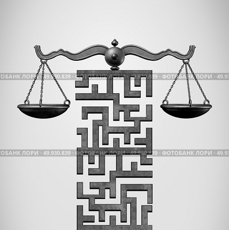 Justice Solution and legal direction concept as a justice scale shaped as a maze or labyrinth as a 3D illustration. Стоковое фото, агентство Ingram Publishing / Фотобанк Лори