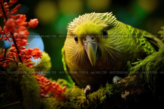 Kakapo parrot revels in its natural habitat surrounded by lush greenery. Стоковое AI-изображение, AI-художник Veniamin Kraskov / Фотобанк Лори