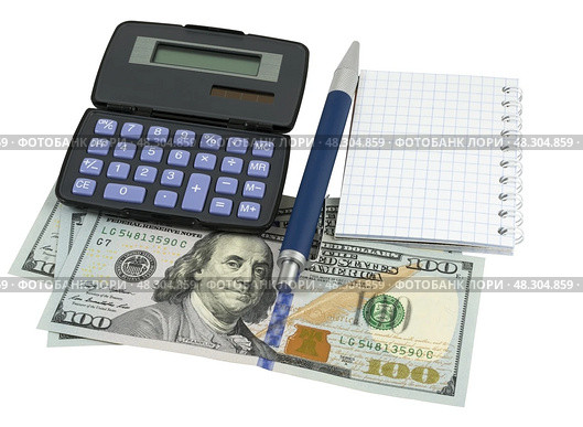 Калькулятор и доллары на белом фоне. Calculator and dollars isolated on a white background. Стоковое фото, фотограф Татьяна Д / Фотобанк Лори