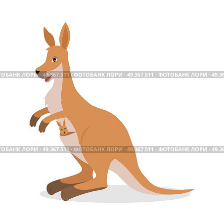 Kangaroo with Joey Baby in Pouch Isolated on White. Kangaroo isolated on white. Red kangaroo, antilopine kangaroo, eastern and western grey kangaroo. Wallabies, tree-kangaroos, wallaroos. Kangaroo with joey baby in pouch. Vector ilustration. Стоковая иллюстрация, агентство Ingram Publishing / Фотобанк Лори