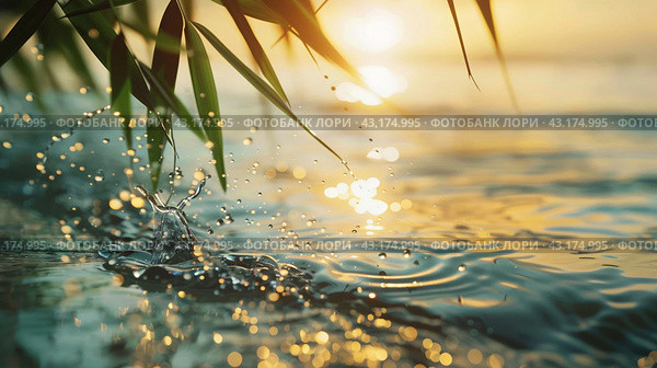 Капли воды и листья бамбука на фоне закатного солнца над водной поверхностью. Стоковое AI-изображение, AI-художник Анна Добрыдень / Фотобанк Лори