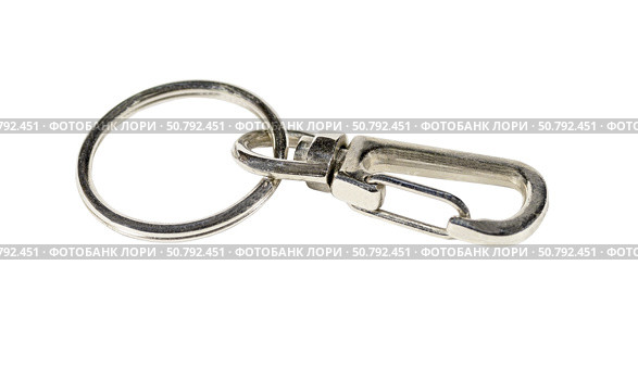 Карабин с защёлкой для ремня сумки на белом фоне. Belt rope strap lanyard, hanging clasp snap latch hook carabiner, isolated macro closeup. Стоковое фото, фотограф Татьяна Д / Фотобанк Лори
