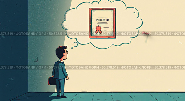 Карьерный тупик. Бизнесмен смотрит на пустую стену, мечтая о дипломе и повышении. Концептуальная иллюстрация несбывшихся надежд, профессионального застоя и отсутствия карьерного роста. Редакционное AI-изображение, AI-художник Ирина Першина / Фотобанк Лори