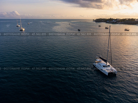Катамаран и лодки у берега Занзибара. Catamaran and boats off the coast of Zanzibar. (2022 год). Редакционное фото, фотограф Антон Назаров / Фотобанк Лори