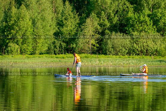 Катание всей семьей на SUP board надувном для серфинга с веслом летним днем на лесном озере (2022 год). Редакционное фото, фотограф Pukhov K / Фотобанк Лори