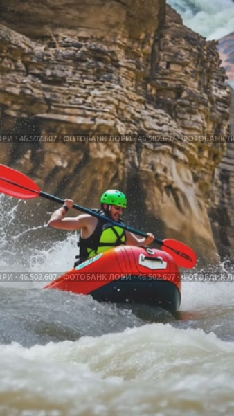 Kayaker paddling down whitewater river in packraft. Стоковое AI-видео, аниматор Юрий Поздников / Фотобанк Лори