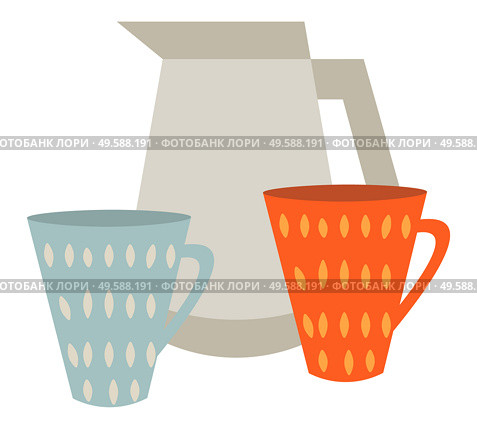 Kettle with two cups isolated on white background. Utensil for kitchen, for drinking tea and coffee. Blue and red teacup. Vector illustration in flat style. Kettle and Two Cups, Kitchen Stuff for Drink Tea. Стоковая иллюстрация, агентство Ingram Publishing / Фотобанк Лори
