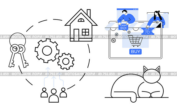 Keys with gears surrounding house, people icons with upwards arrows, tablet displaying online shopping, cat laying down. Ideal for real estate, online commerce, financial apps, user guides. Home Buying Process and Online Shopping with Cash Back Rewards. Стоковая иллюстрация, агентство Ingram Publishing / Фотобанк Лори