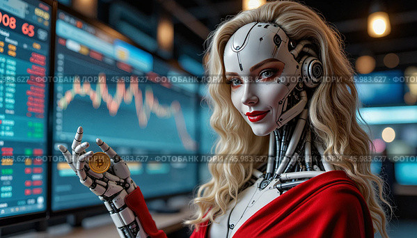 Кибер-женщина с биткоином на фоне графиков криптовалют. Стоковое AI-изображение, AI-художник Александр Игоревич Минаков / Фотобанк Лори
