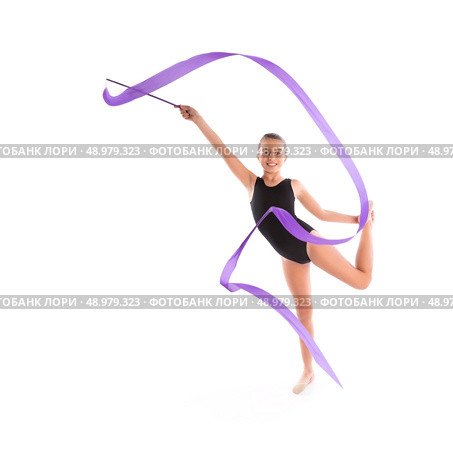 Kid girl ribbon rhythmic gymnastics exercise on white background. Стоковое фото, агентство Ingram Publishing / Фотобанк Лори