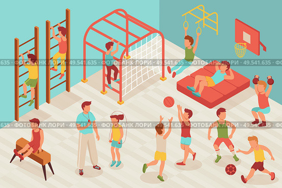 Kid sport gym isometric composition with characters of children doing sports in school gymnasium with teacher vector illustration. Стоковая иллюстрация, агентство Ingram Publishing / Фотобанк Лори