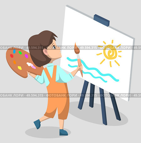 Kid with paintbrush vector, isolated character drawing new masterpiece. Easel with canvas, kid holding palette with colors, talented girl, pupil in classroom artistic classes back to school concept. Pupil Drawing Painting on Canvas at Lessons Vector. Стоковая иллюстрация, агентство Ingram Publishing / Фотобанк Лори