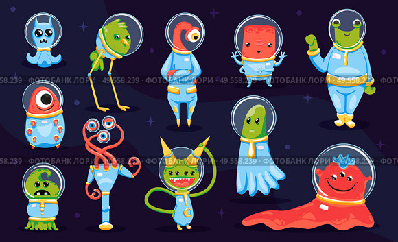 Kids game collection of colored monsters and aliens cartoon characters on dark background isolated vector illustration. Стоковая иллюстрация, агентство Ingram Publishing / Фотобанк Лори