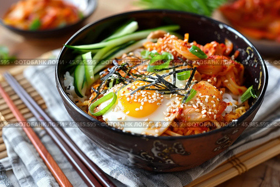 Kimchi ramen noodle bowl with fried egg and cucumber. Стоковое AI-изображение, AI-художник Иван Рябоконь / Фотобанк Лори