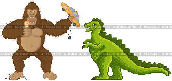 King kong and Godzilla in pixel-game layout. Giant pixelated animals attacks humanity, gorilla holds girl and car in his hands in mobile or computer pixel game. Monkey and dinosaur isolated on white. King kong and Godzilla in pixel-game layout design. Giant pixelated animals attacks humanity. Стоковая иллюстрация, агентство Ingram Publishing / Фотобанк Лори