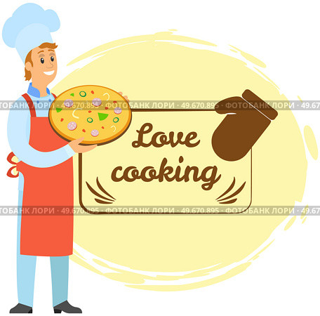 Kitchen emblem, food studio label. Chef conducts culinary class about cooking. Hand drawn lettering for premium cooking masterclass. Man preparing dish, working with kitchen equipment, pizza. Chef conducts premium culinary class about cooking. Man preparing dish, frying ingredients. Стоковая иллюстрация, агентство Ingram Publishing / Фотобанк Лори