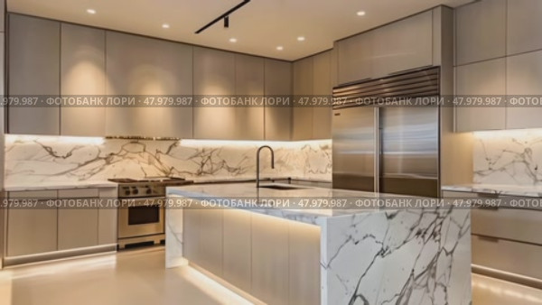 Kitchen interior in luxury style with marble table tops and sleek stainless steel appliances. Стоковое AI-видео, аниматор Михаил Строгалев / Фотобанк Лори