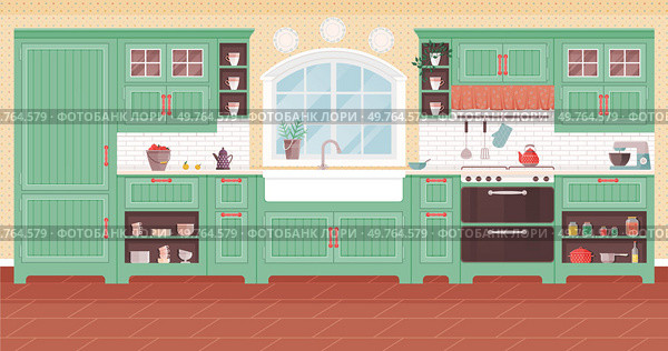 Kitchen interior vector illustration. Decorate your dining room with cosy furniture for delightful family experience A well-equipped kitchen interior concept turns cooking into pleasurable ritual. Kitchen interior. Stylish kitchenware and decoration enhance culinary experience at home. Стоковая иллюстрация, агентство Ingram Publishing / Фотобанк Лори