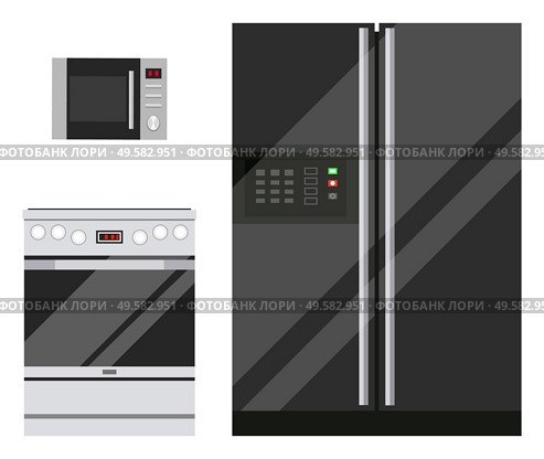 Kitchen set of technical devices. Microwave, fridge and stove isolated on white background. Kitchenware for cooking at home. Big sale on appliances in stores. Vector illustration in flat style. Kitchen Appliances, Microwave, Fridge and Stove. Стоковая иллюстрация, агентство Ingram Publishing / Фотобанк Лори