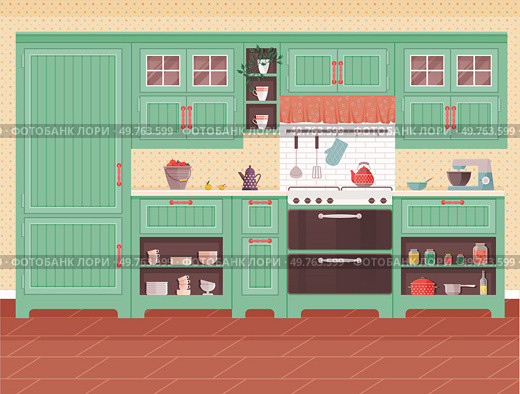 Kitchen vector illustration. Cookware and utensils, well-organized, turn kitchen into culinary masterpiece The kitchen interior reflects personal style, making daily living visual pleasure Culinary. Kitchen. The architecture kitchen plays crucial role in daily culinary experiences. Стоковая иллюстрация, агентство Ingram Publishing / Фотобанк Лори