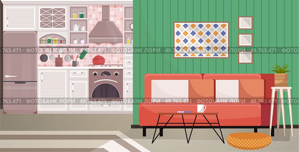 Kitchen vector illustration. Decorative elements in kitchen enhance aesthetics cooking space Culinary experiences come alive in kitchens where decor complements practicality Furniture choices. Kitchen. Equipping kitchen with essential utensils is key to well-functioning interior. Стоковое фото, агентство Ingram Publishing / Фотобанк Лори