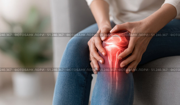 Knee pain icon. Joint pain, Arthritis and tendon problems. Woman in jeans sitting sofa, touching nee at pain point. Mature person feeling unwell, suffering from pain in leg. Red effect painful injury. Стоковое AI-изображение, AI-художник Марина Демидюк / Фотобанк Лори