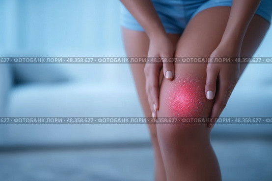 Knee pain, joint inflammation, bone fracture, woman suffering from osteoarthritis, leg injury. Стоковое AI-изображение, AI-художник Станислав Тарко / Фотобанк Лори