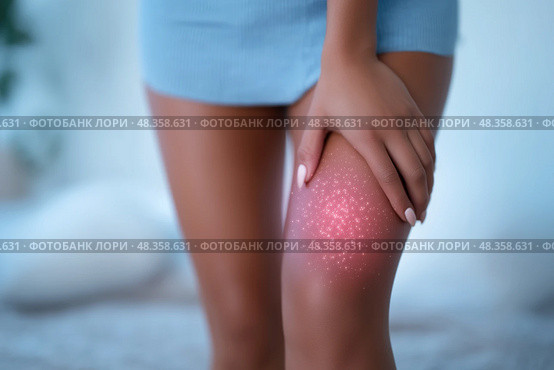 Knee pain, joint inflammation, bone fracture, woman suffering from osteoarthritis, leg injury. Стоковое AI-изображение, AI-художник Станислав Тарко / Фотобанк Лори