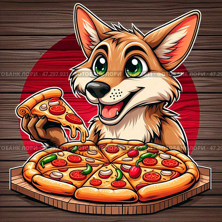 Койот с пиццей в лапах. Coyote with pizza in his paws. Стоковое AI-изображение, AI-художник Igor Murashko / Фотобанк Лори