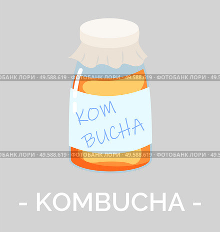 Kombucha drink for digestive system and immune system of human. Isolated jar with tea and fungus, homemade beverage with mushroom in it. Liquid full of positive bacteria and microorganisms vector. Kombucha Homemade Beverage with Fungus and Tea. Стоковая иллюстрация, агентство Ingram Publishing / Фотобанк Лори