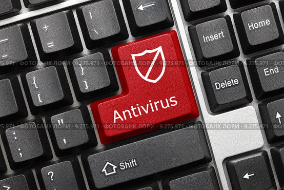 Концептуальная клавиатура - Клавиша "Antivirus!" ("Антивирус!") с символом щита. Стоковое фото, фотограф Самохвалов Артем / Фотобанк Лори