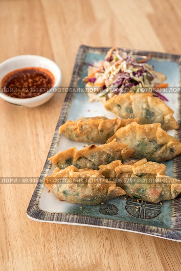 Korean Style Gyoza, Vegeterian Potstickers with soy sauce and pork. Стоковое фото, агентство Ingram Publishing / Фотобанк Лори