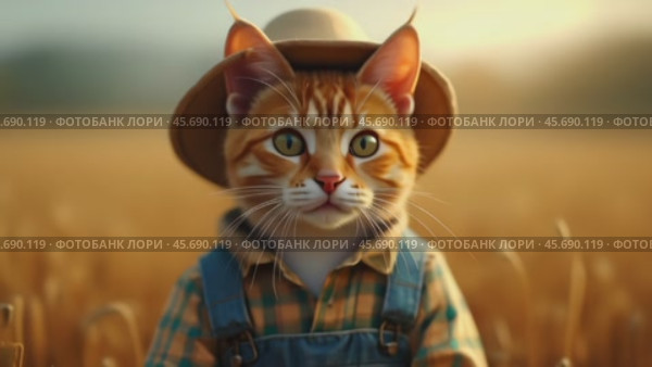 Кот на поле в шляпе. Стоковое AI-видео, аниматор Виктория Кольцова / Фотобанк Лори