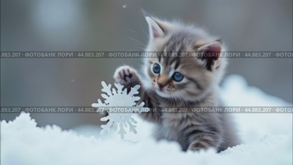 Котенок играет со снежинкой. Стоковое AI-видео, аниматор Виктория Кольцова / Фотобанк Лори