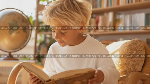 Красивый мальчик в белом джемпере читает толстую книгу, сидя в уютном кресле. Уютная домашняя обстановка. Стоковое AI-видео, аниматор Щеголева Ольга / Фотобанк Лори
