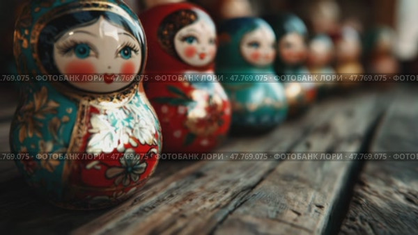 Красочные русские матрешки в яркой деревянной оправе, исследующие глубину и многообразие. Стоковое AI-видео, аниматор ФотоИнтеллект / Фотобанк Лори