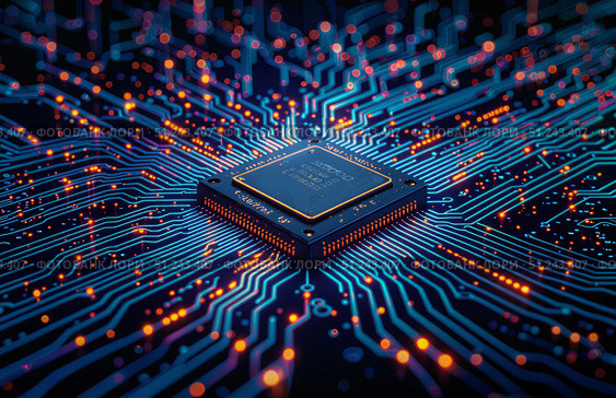 Крупный план микросхемы, окруженной сложным дизайном схемы. Стоковое AI-изображение, AI-художник Елена Болотина / Фотобанк Лори