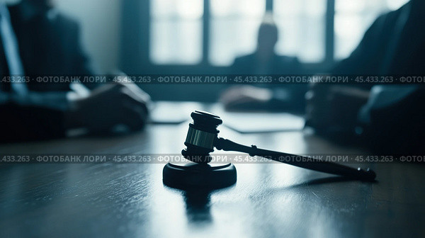 Крупный план молотка судьи, ударяющего по деревянной поверхности во время судебного заседания, символизирующего справедливость, закон и вынесение юридического решения. Стоковое AI-изображение, AI-художник ФотоИнтеллект / Фотобанк Лори