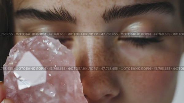 Крупный план женщины с кристаллом драгоценного камня: фокусировка взгляда, мягкость и магическое путешествие самоанализа. Стоковое AI-видео, аниматор ФотоИнтеллект / Фотобанк Лори