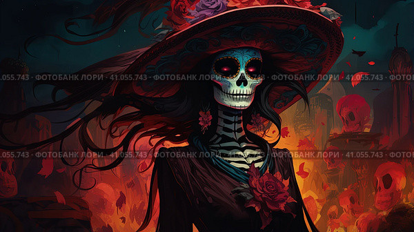la catrina jovial skeleton death goddess dnd. Generative AI. Стоковое AI-изображение, AI-художник Ирина Ручушкина / Фотобанк Лори