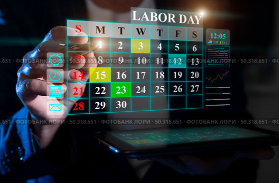 Labor Day planning with a digital calendar reflecting important dates and scheduled activities. Стоковое фото, фотограф Климов Денис / Фотобанк Лори