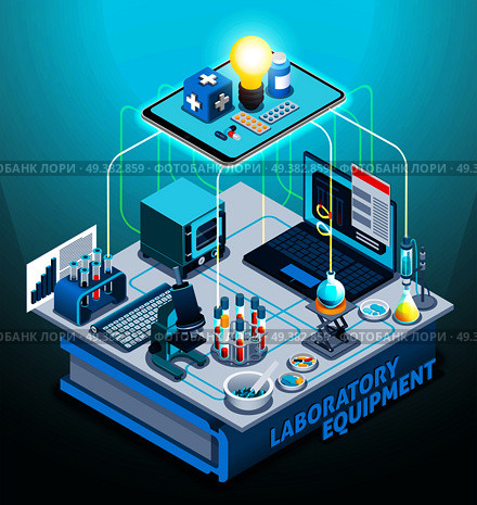 Laboratory equipment isometric composition on gradient background with flasks, laptop, microscope, medicines, book vector illustration . Laboratory Equipment Isometric Composition. Стоковая иллюстрация, агентство Ingram Publishing / Фотобанк Лори