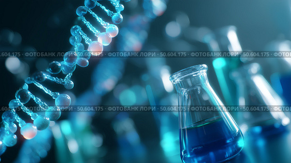 Laboratory setup with blue liquids and DNA strands showcasing biotechnological research and experimentation. Стоковое AI-изображение, AI-художник Сергей Толмачёв / Фотобанк Лори